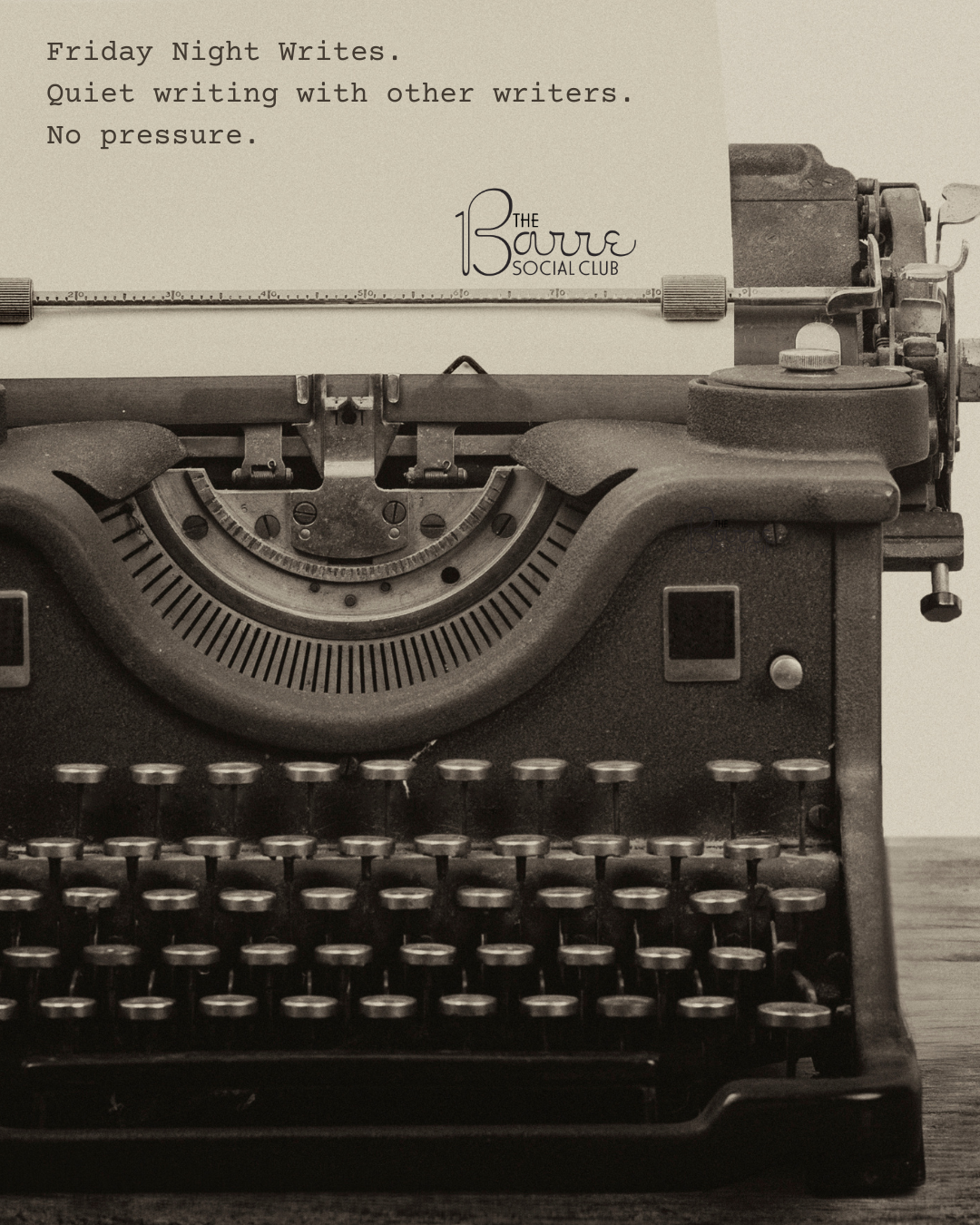 Friday Night Writes announcement on typewriter